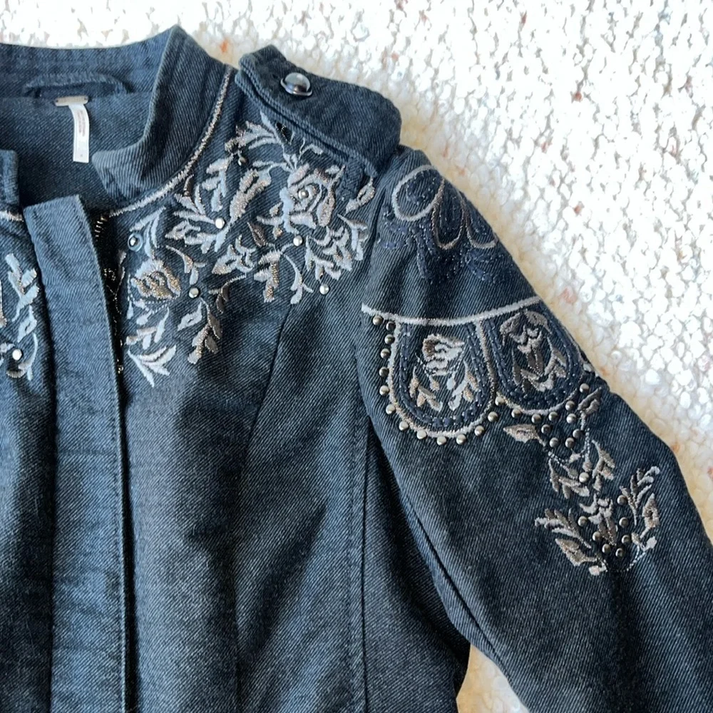 Free People Sargeant Floral Embroidered Embellished Military Coat Black 2‎